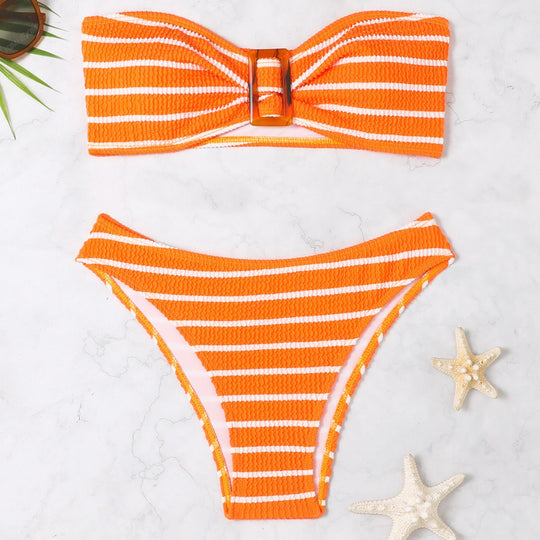 Damen Bandeau-Bikini mit modischem Streifenmuster und dekorativer Schnalle EB