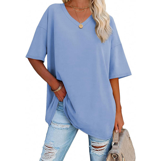 Damen Oversized T-Shirt mit V-Ausschnitt und seitlichen Schlitzen EB