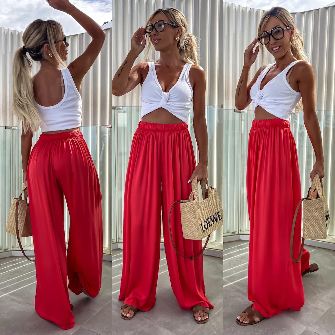 Damen weit geschnittene Palazzo-Hose mit hohem elastischem Bund und fließendem Jersey EB