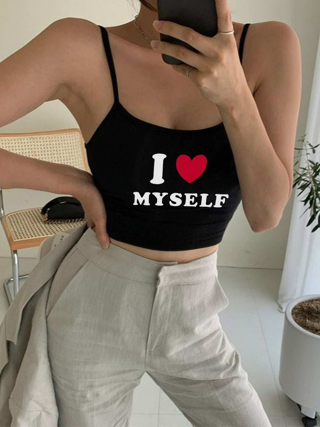 Damen Crop-Top mit motivierendem Statementdruck und feinen Spaghettiträgern EB