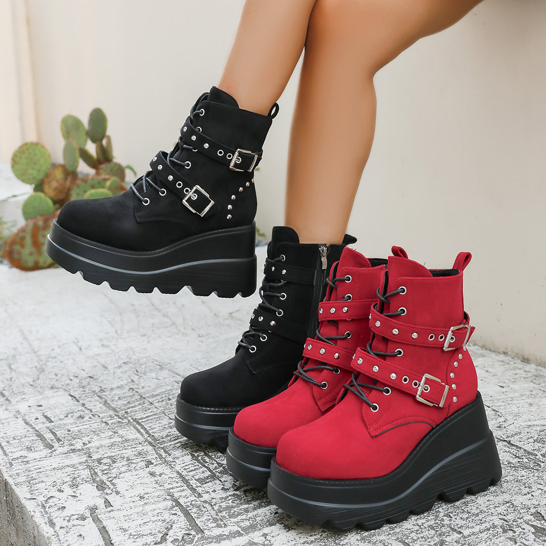 Damen Wedge-Stiefel mit modischen Schnallen und robustem Plateau EB