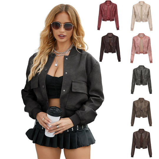 Damen nan kurze Crop-Kunstlederjacke im Blousonstil mit Druckknopffront und aufgesetzten Pattentaschen EB
