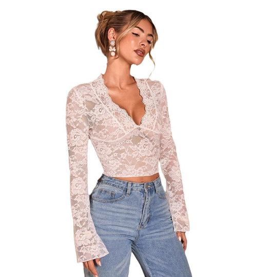 Damen nan transparente Spitzenbluse mit V-Ausschnitt, tailliert und Trompetenärmeln EB