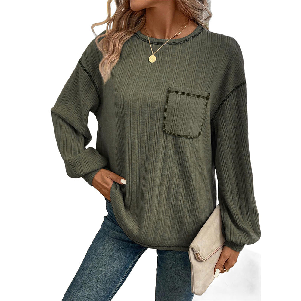 Damen Bequemer Langarm-Shirt mit Rippenstruktur und Brusttasche EB