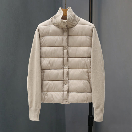 Damen nan gesteppte Hybridjacke mit wattierter Frontpartie, Feinstrickärmeln und hohem Rippenkragen EB