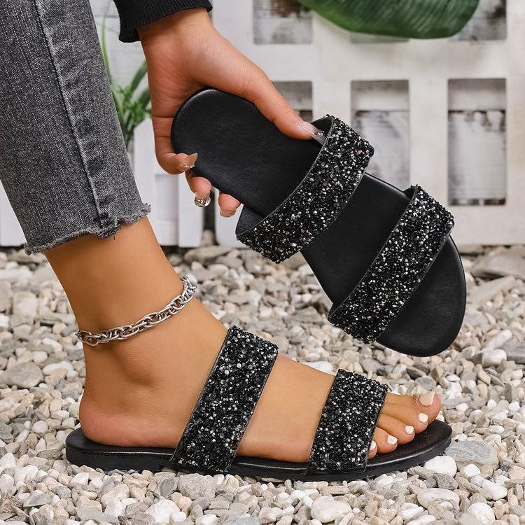 Damen komfortable Glitzer-Sandalen mit breiten Riemen EB