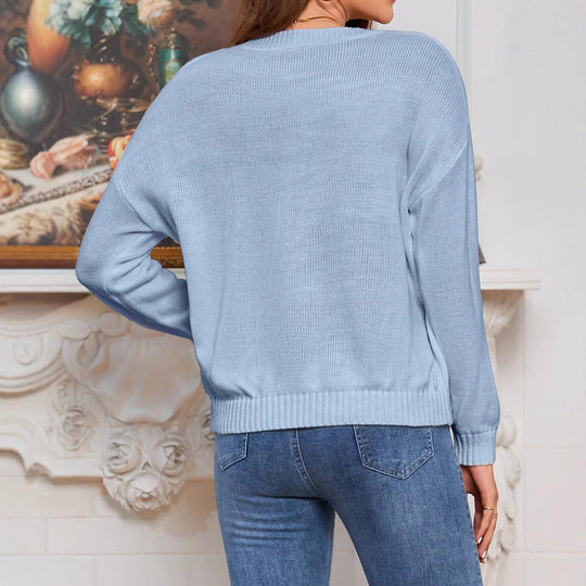 Damen V-Ausschnitt Strickpullover mit lässiger Passform und geripptem Saum EB