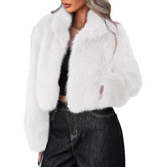 Damen Kurze Kunstpelzjacke mit weichem Fell und eleganter Silhouette EB
