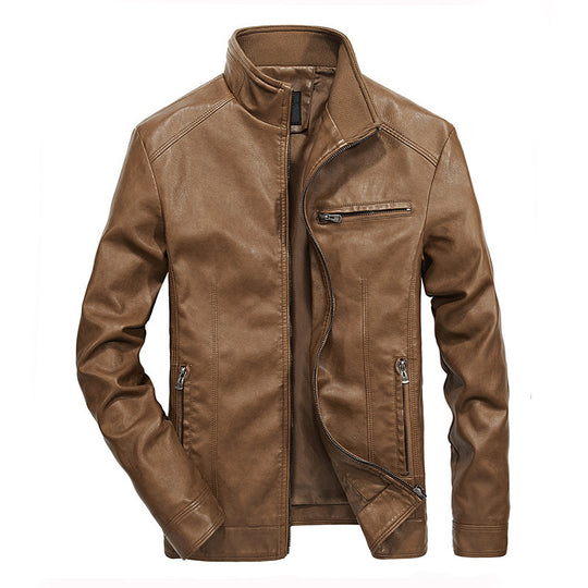 Herren Kunstleder-Bikerjacke mit hohem Stehkragen und Reißverschlussdetails EB