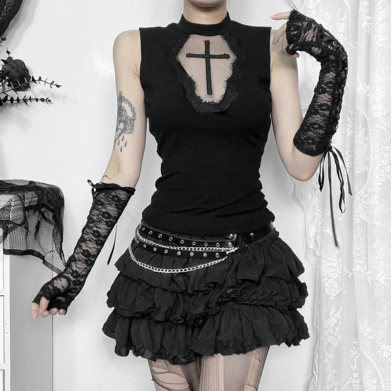 Damen elegantes Oberteil mit transparenten Einsätzen und hohem Kragen EB