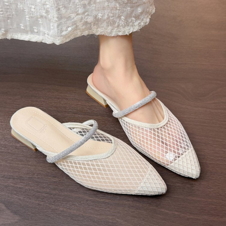 Damen transparente Netz-Mules mit funkelndem Riemen EB