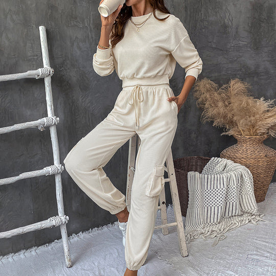 Damen lässiges Jogginganzug-Set mit Taschen und Bündchen EB
