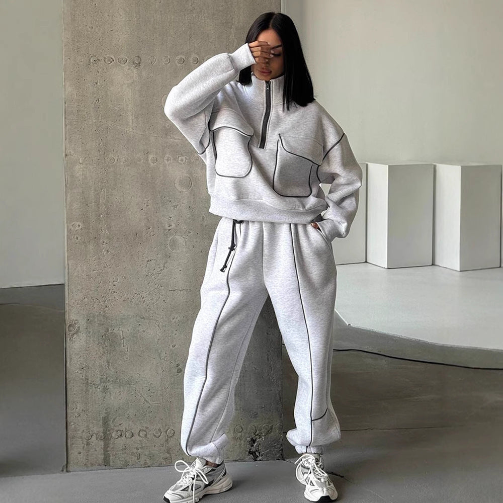 Damen nan Oversize Halbzip-Sweatshirt mit aufgesetzten Klappentaschen und Kontrastpaspeln EB