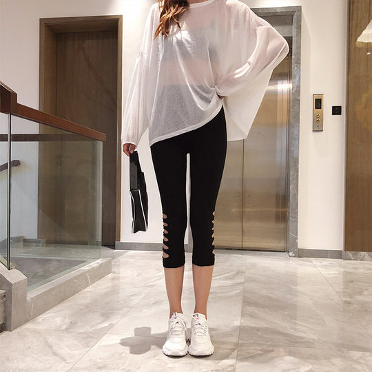 Damen Modische Leggings mit transparenten Netzdetails und Schleifen EB