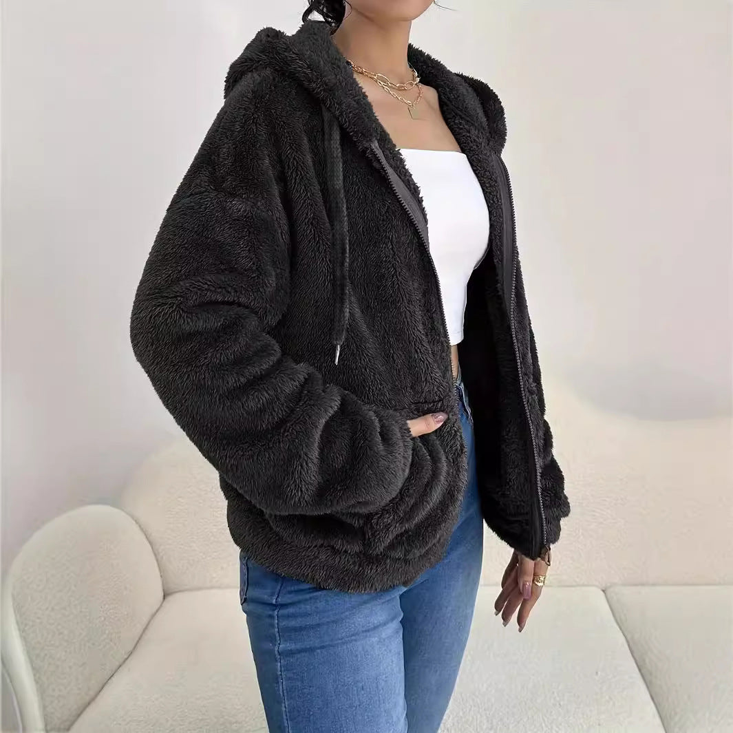 Damen kuschelige Fleecejacke mit Kapuze und seitlichen Taschen EB