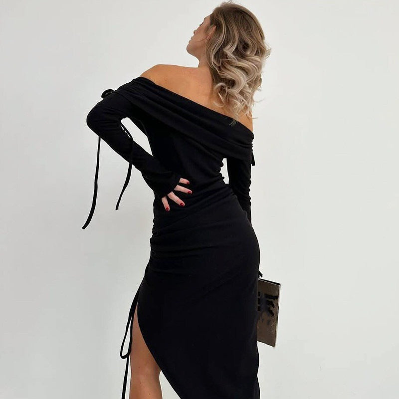 Damen Off-Shoulder Maxikleid mit Raffung und hohem Schlitz EB