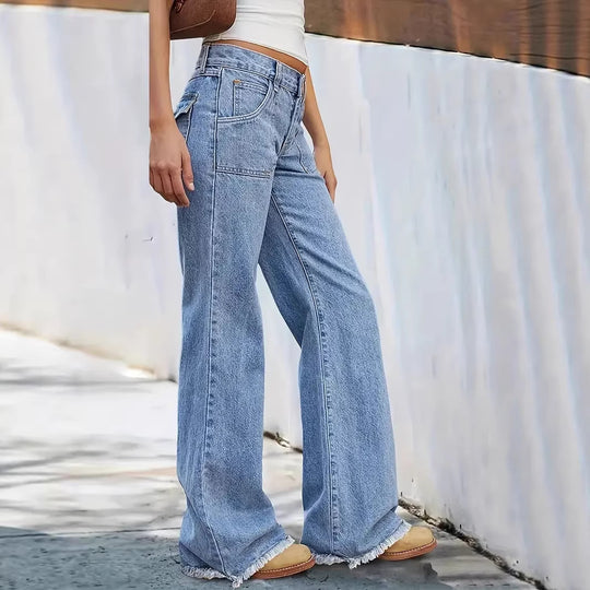 Damen weit geschnittene Jeans mit fransigem Saum EB