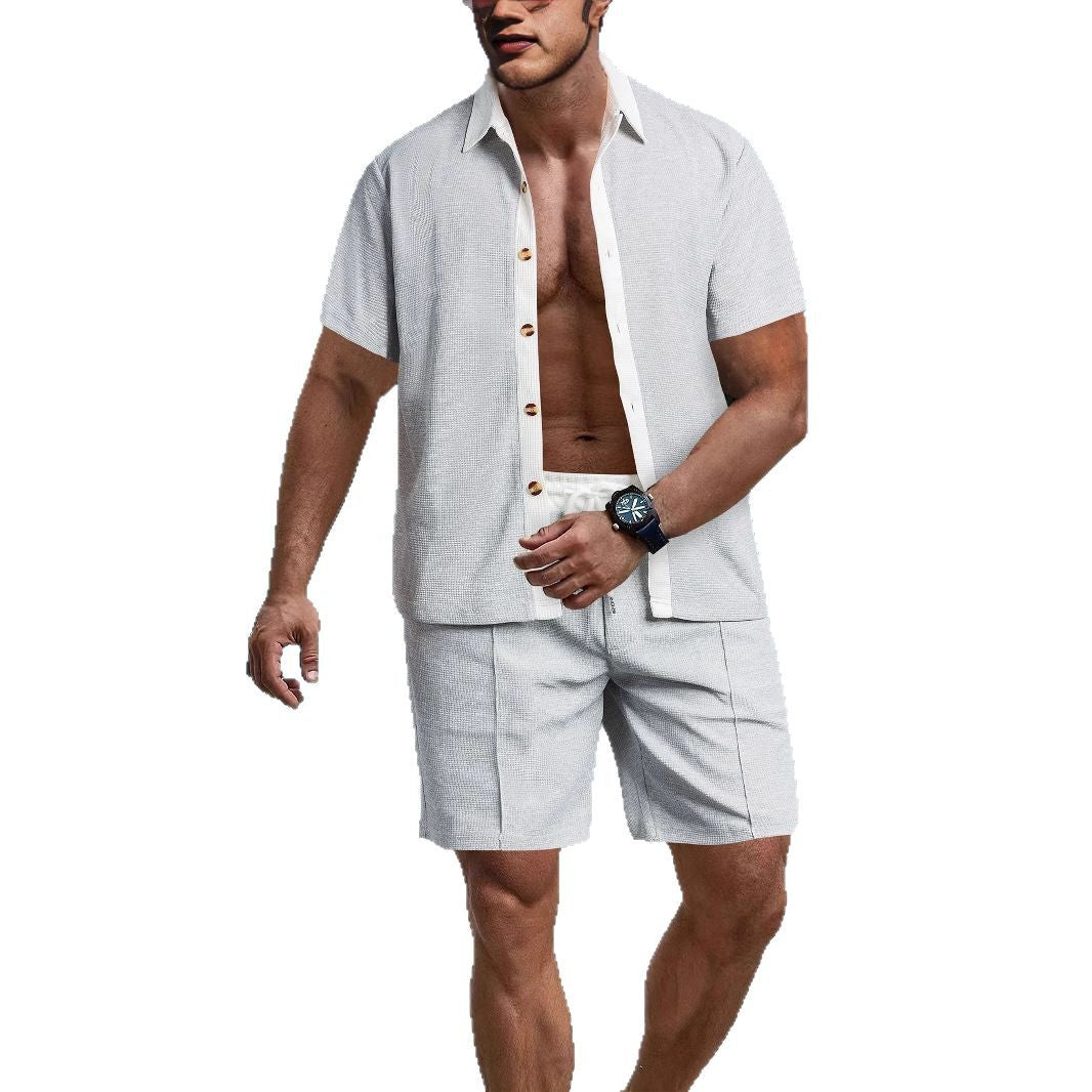 Herren nan modernes Freizeit-Set aus feinem Strukturjersey mit Hemdkragen-Knopfleiste und Kordel-Shorts EB