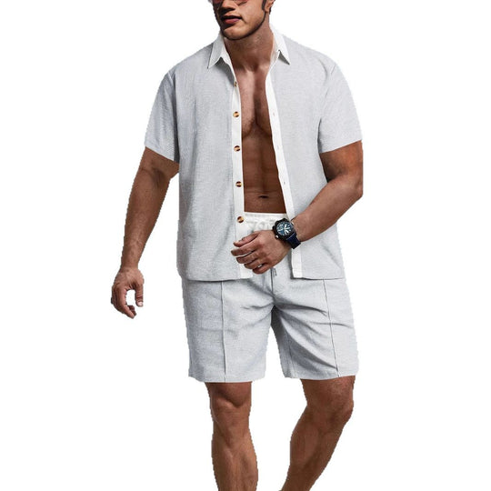 Herren nan modernes Freizeit-Set aus feinem Strukturjersey mit Hemdkragen-Knopfleiste und Kordel-Shorts EB