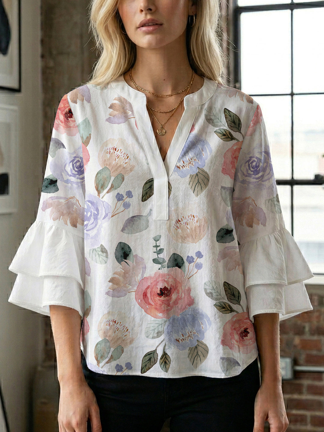 Damen Elegantes Oberteil mit voluminösen Rüchenärmeln und floralem Druck EB