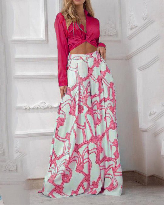 Damen elegantes Wickeloberteil mit langem Ärmel und Maxi-Rock EB