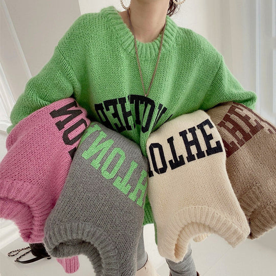 Damen Oversized Pullover mit auffälligem Schriftzug und gestricktem Muster EB