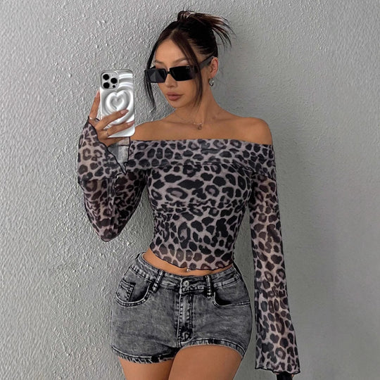 Damen Off-Shoulder Top mit Leopardenmuster EB