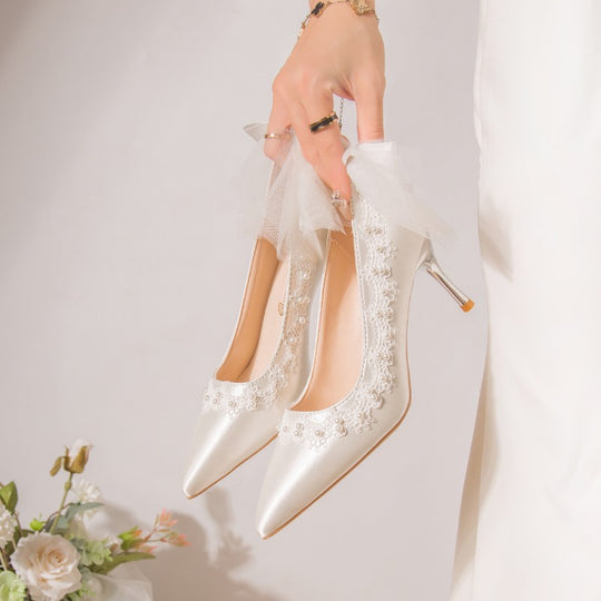 Damen Elegante High Heels mit zartem Spitzen- und Schleifendetail EB