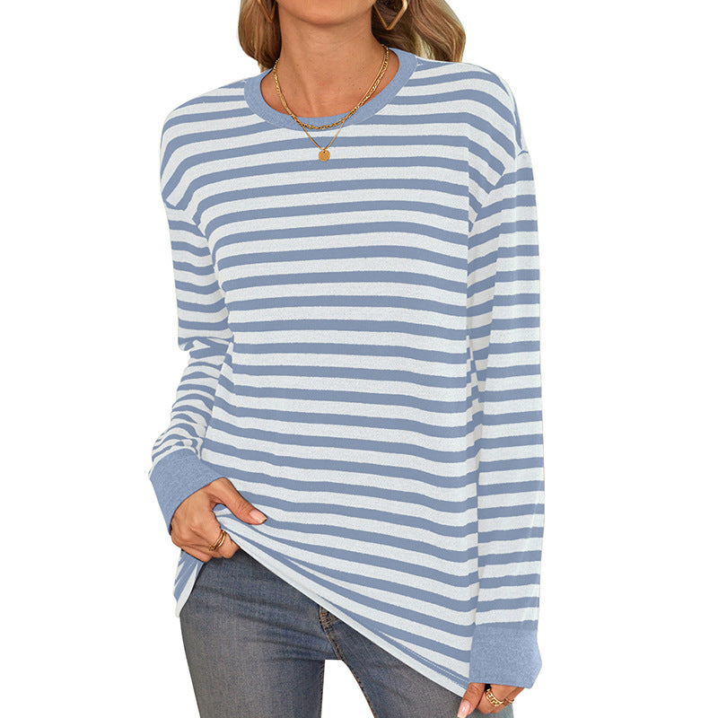 Damen bequemes Langarmshirt mit gestreiftem Design und Rundhalsausschnitt EB
