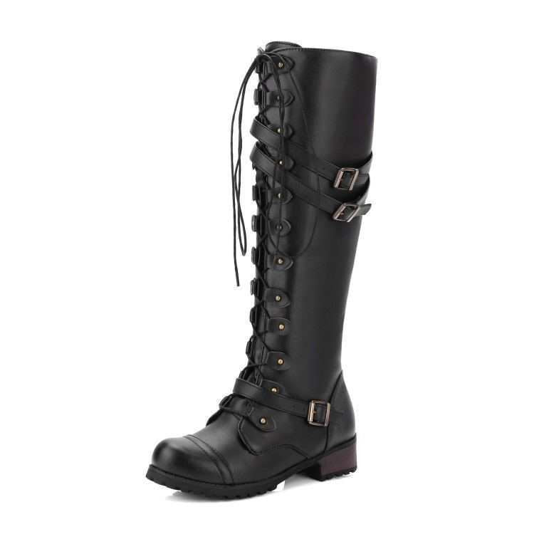 Damen nan kniehohe Schnürstiefel im Militär-Vintage Stil mit dekorativen Riemen und verstellbaren Schnallen EB