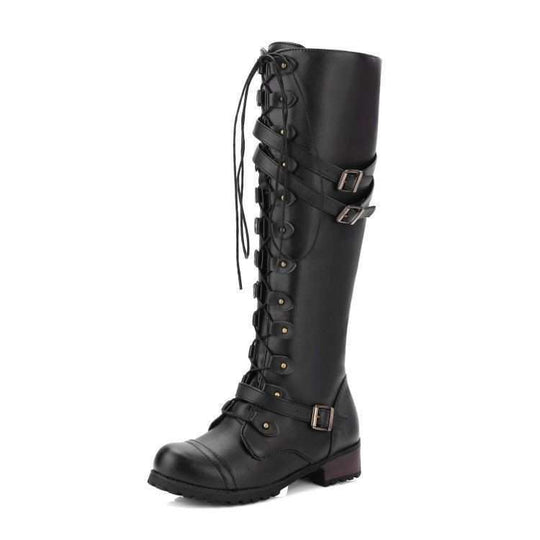 Damen nan kniehohe Schnürstiefel im Militär-Vintage Stil mit dekorativen Riemen und verstellbaren Schnallen EB