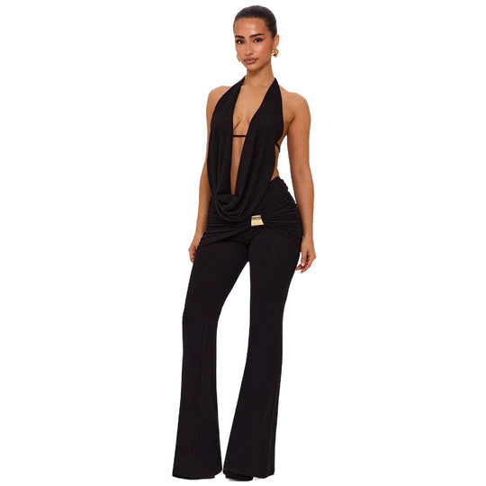 Damen elegantes, figurbetontes Jumpsuit mit tiefem Ausschnitt und weitem Bein EB