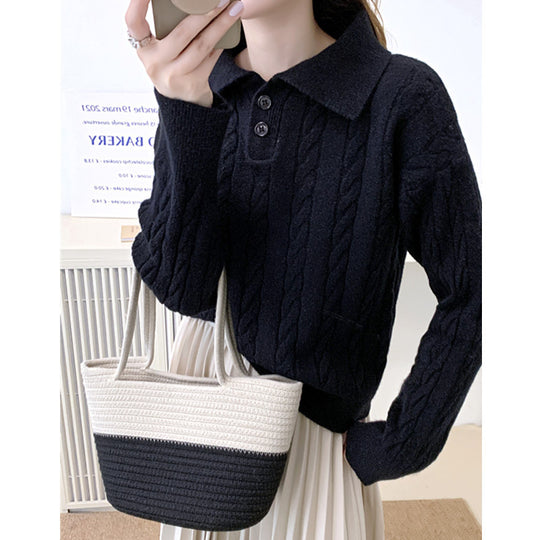 Damen Strickpullover mit Kragen und Knöpfen EB