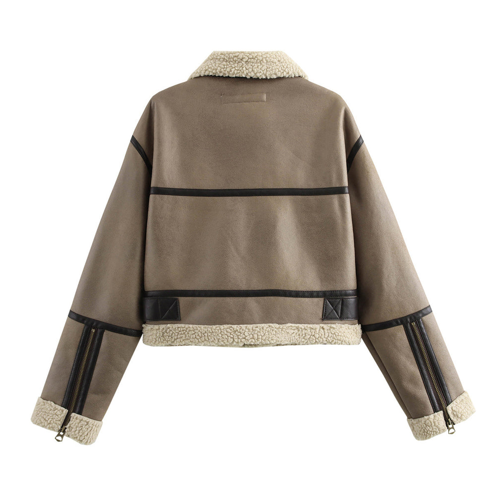 Damen lässige jacke mit Teddyfellkragen und verstellbarem Gürtel EB