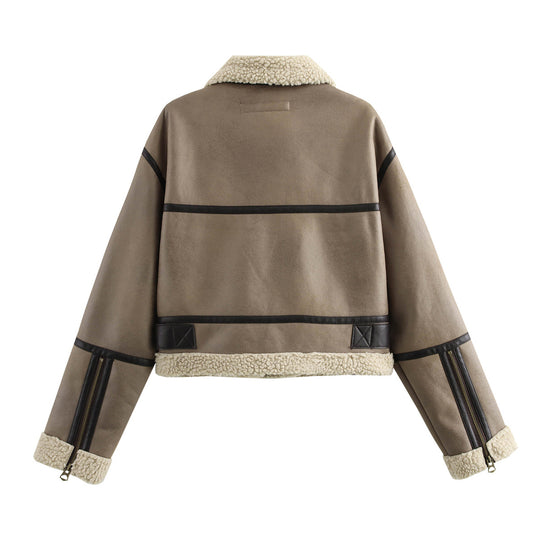 Damen lässige jacke mit Teddyfellkragen und verstellbarem Gürtel EB