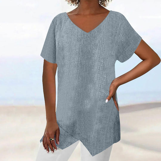 Damen lässige V-Ausschnitt Tunika mit asymmetrischem Saum EB