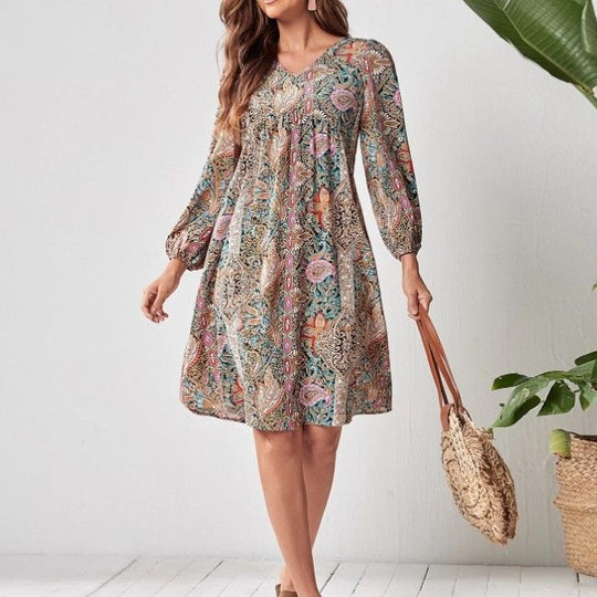 Damen Freizeitkleid mit tiefem V-Ausschnitt und langen Ärmeln EB
