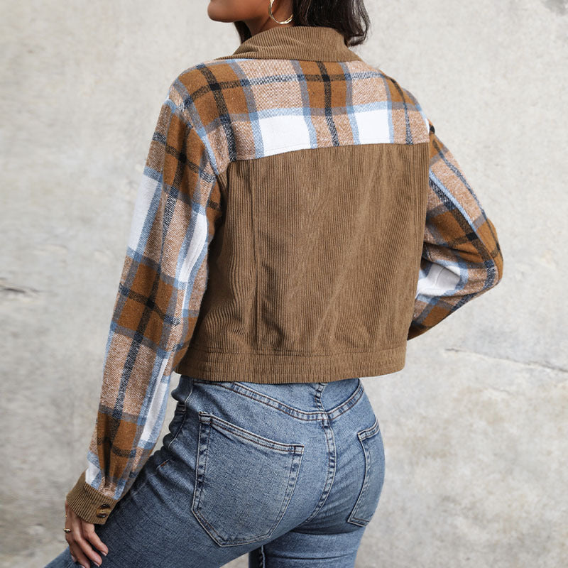 Damen Karo-Cordjacke im lässigen Cropped-Stil mit Brusttaschen EB