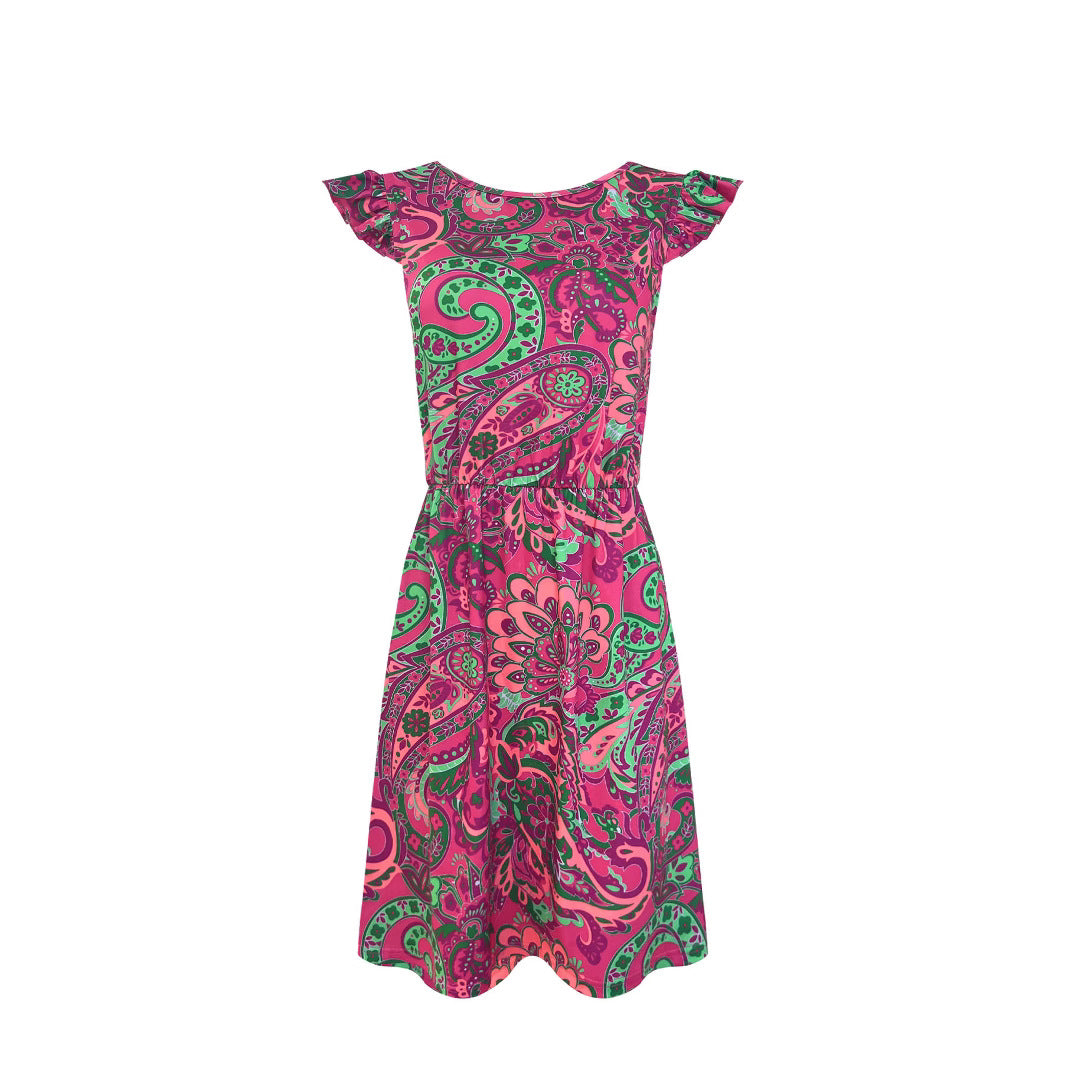 Damen luftiges Sommerkleid mit verspieltem Paisleymuster und Rüschendetails EB