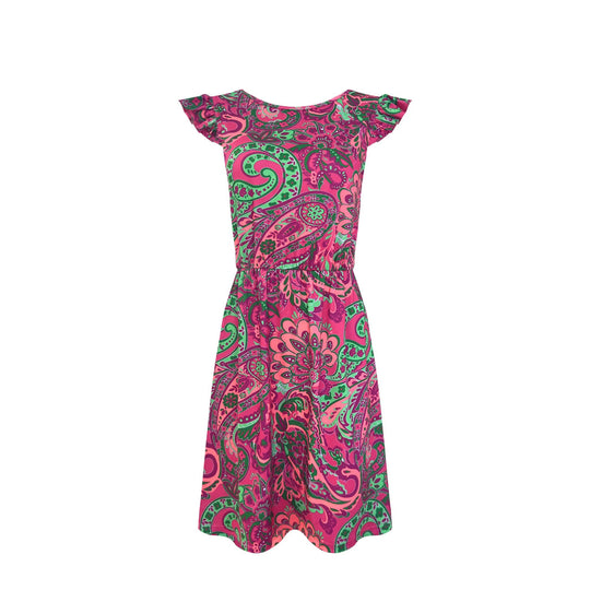Damen luftiges Sommerkleid mit verspieltem Paisleymuster und Rüschendetails EB