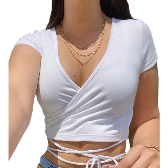 Damen Wickeltop im stylischen Cropped-Design mit Bindegürtel EB