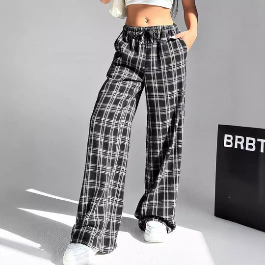 Damen weite Karo-Hose aus angenehmem Baumwollstoff mit Gummibund und seitlichen Taschen EB