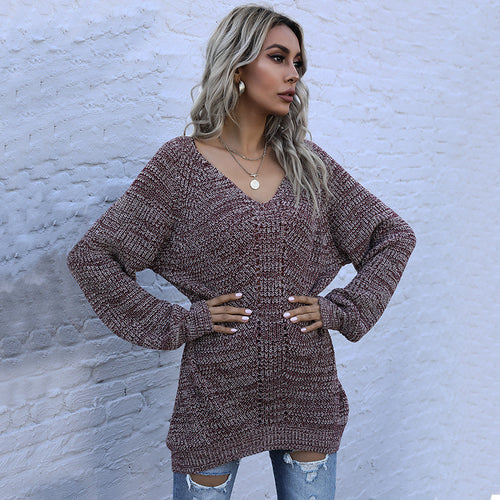 Damen Oversized Pullover mit V-Ausschnitt und Strukturmuster EB