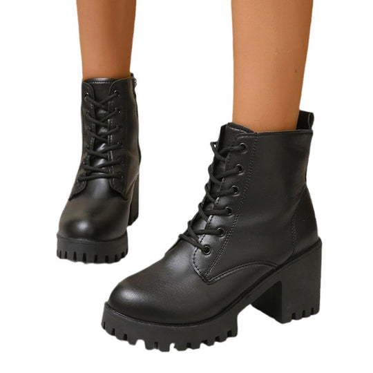 Damen High-Top Stiefeletten mit robustem Blockabsatz und Schnürung EB