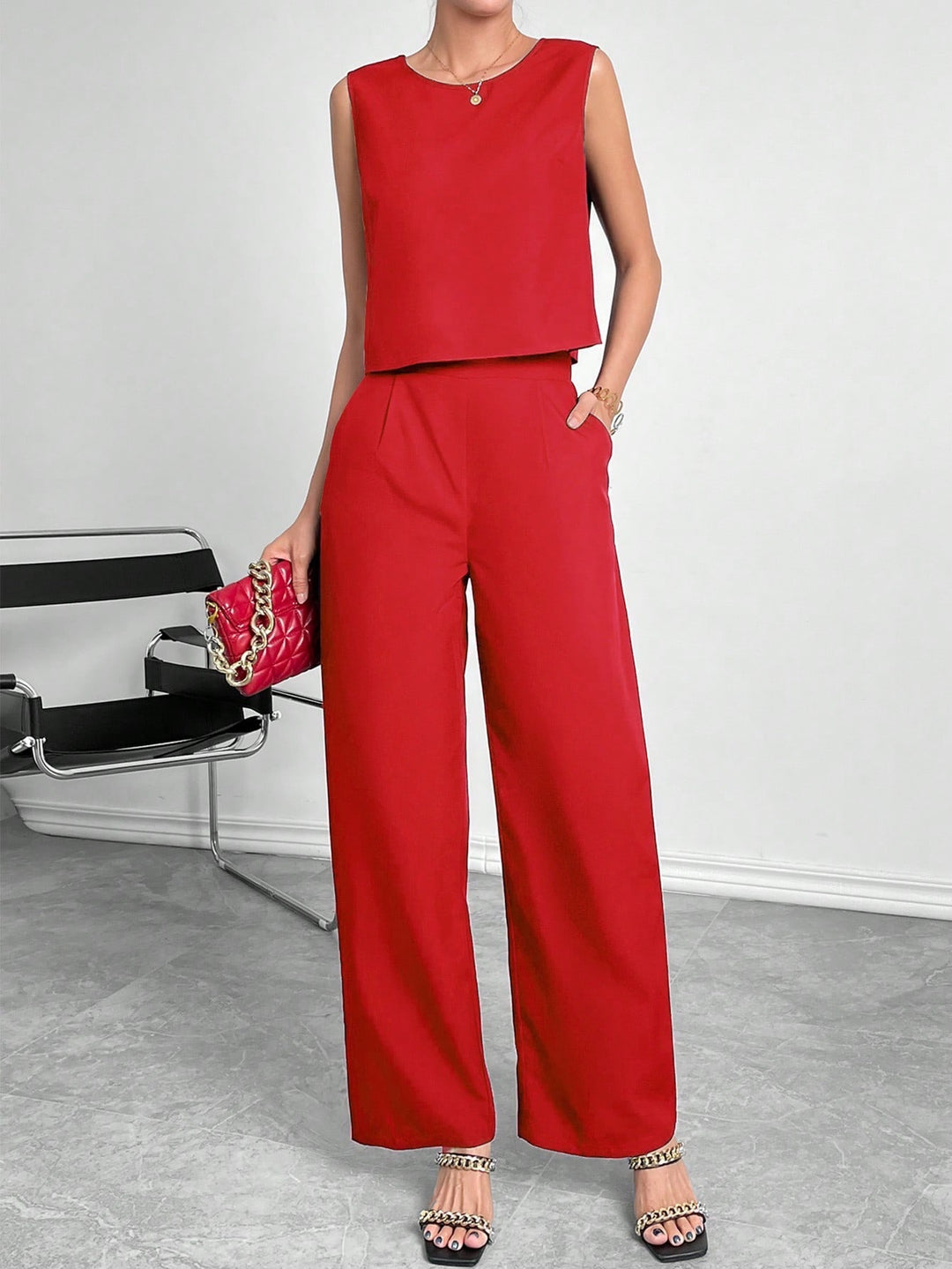 Damen Zweiteiler Set mit modernem Oberteil und weitem Hose EB