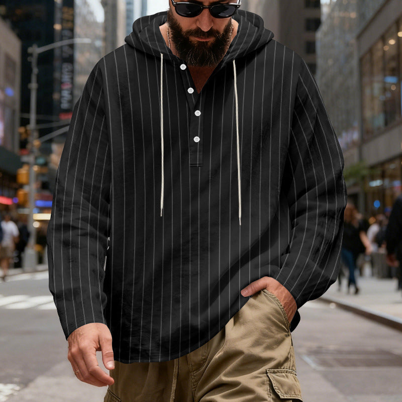 Herren nan gestreiftes Henley-Kapuzenhemd mit Langarm, lockerem Schnitt und Kordelzug EB