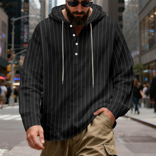 Herren nan gestreiftes Henley-Kapuzenhemd mit Langarm, lockerem Schnitt und Kordelzug EB