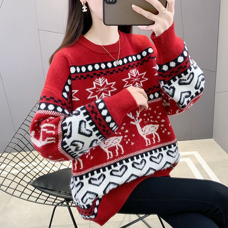 Damen Grobstrickpullover mit festlichem Rentiermotiv und modernem Design EB