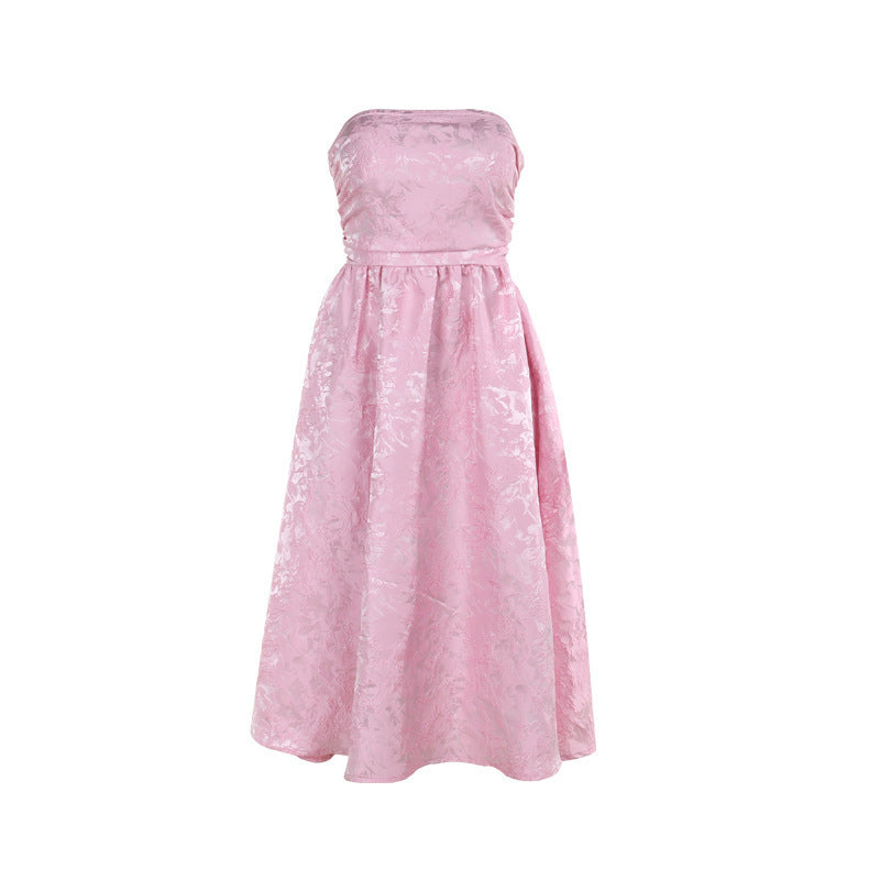 Damen schulterfreies A-Linien Kleid mit luxuriösem Blumenmuster EB