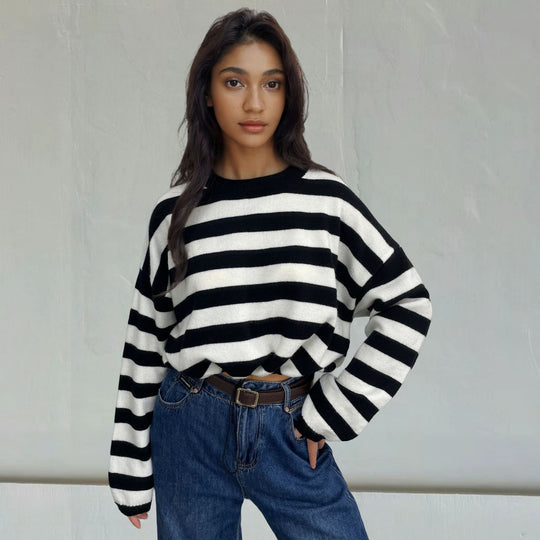 Damen lässiger Streifenpullover mit weitem Schnitt und Kordelzug EB